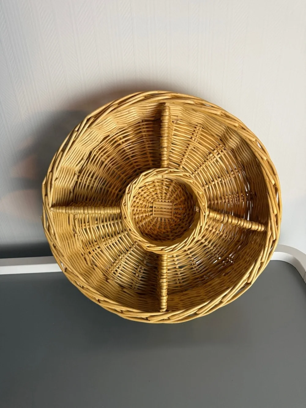 Handwoven Natural Brown Wicker Serving Tray with Center Bowl 13”